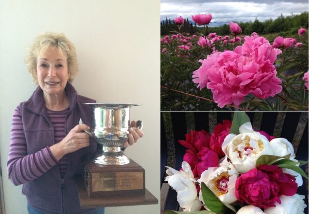 Rita Jo Shoultz, a past Growers' Cup Winner from the Alaska Peony Growers Association, with some of her beauties.