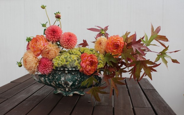 Step Three: Add three types of dahlias, blending colors for depth and interest.