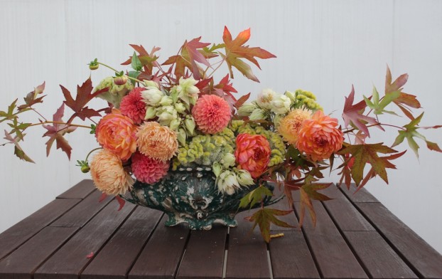 Step Five: Tuck in clusters of 'Blushing Bride' and notice how much the ivory-cream petals echo the celadon green celosia.