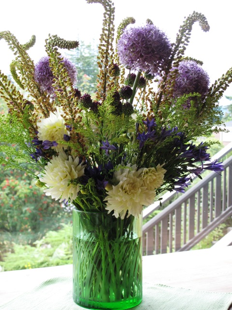 Step Six: Place several clusters of five stems of drumstick allium (Allium sphaerocephalum) for contrast to accent the bouquet's lighter colors.