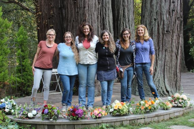 Teresa (center) with several of our students. The group is standing under the massive redwood trees in Teresa's garden, a perfect source of inspiration.