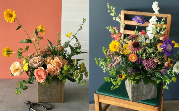 recycled wood fencing as floral containers