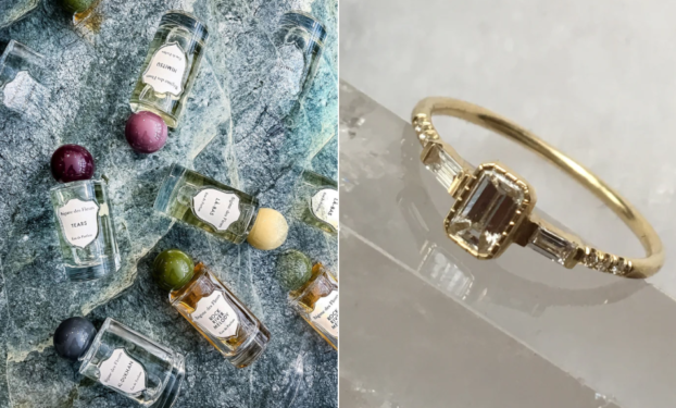 Fragrance from Field & Florist; jewelry from FLEUR Inc LLC