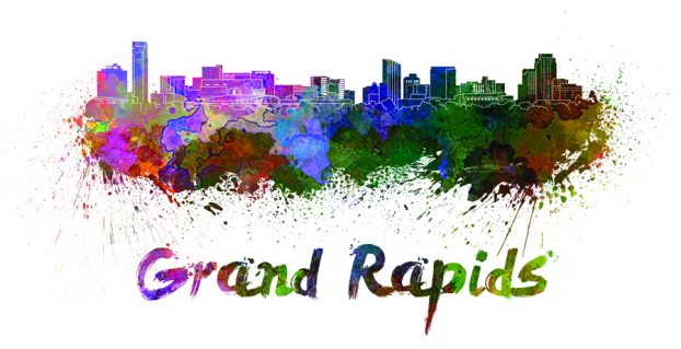 Grand Rapids skyline in watercolor splatters with clipping path