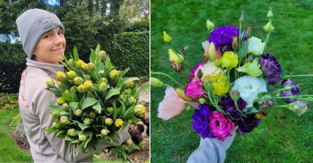 Kate Skelton with tulips and a lisianthus bouquet