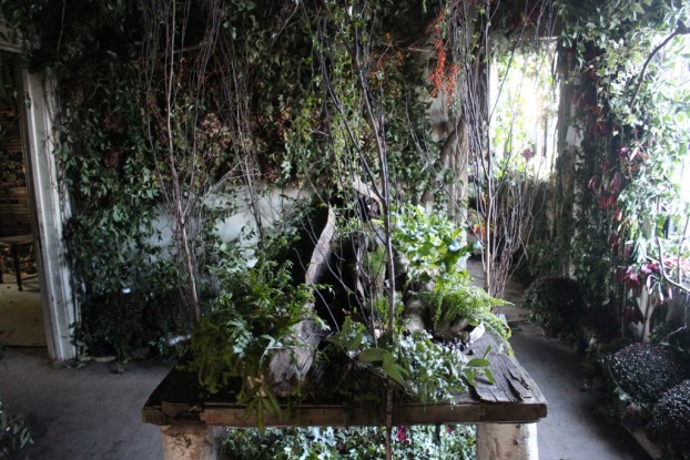 An overview of the woodland-inspired dining room at the heart of The Flower House, called "Channeling Mother Nature," and created by David Beahm Experiences.
