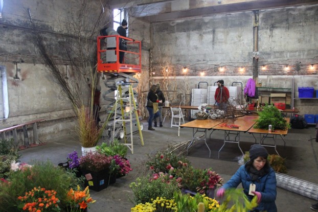 Early in the class, a team started building the "bones" of the sculptural installation, while other designers worked on the floral pieces, called "amoebas"