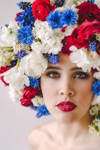 Our beautiful red-white-and-blue Flower Fro. Designed by Susan McLeary, modeled by Monique Montri and photographed by Amanda Dumouchelle.